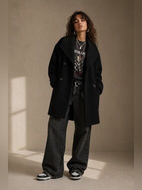 BURBERRY Wool Coat Oversized Notched Collar Leather Trim Black